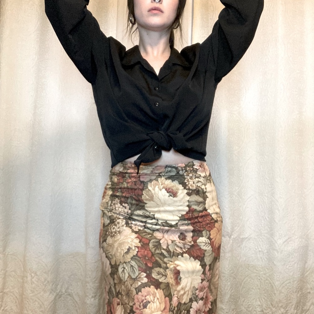 Floral suedette midi skirt